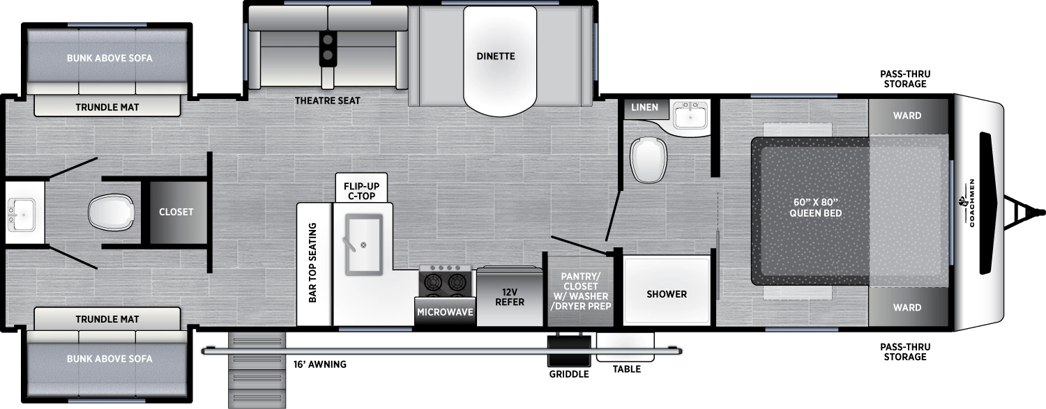The Freedom Express Liberty Edition 330BHJJ floorplan has one entry and three slide outs. Exterior features include: fiberglass exterior, 16' awning and outside kitchen. Interiors features include: bunk beds, front bedroom, pass through bathroom and bathroom and a half.